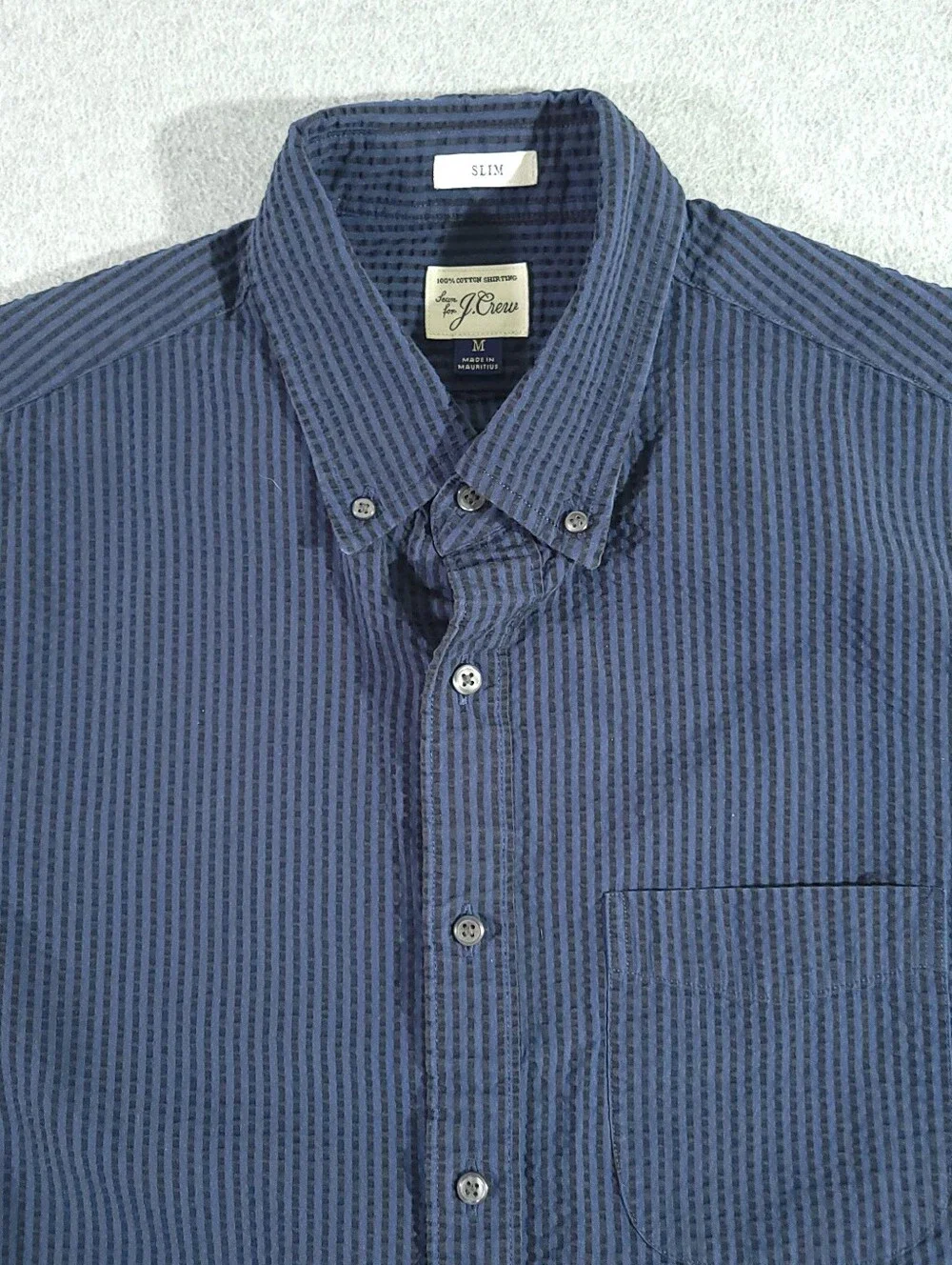 J Crew Seersucker Button Down Shirt Slim Fit M Blue Striped Hamptons Long Sleeve